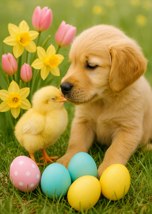 Cute Puppy And Chick Photographic Easter Card