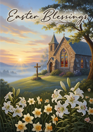 Traditional Illustrated Church And Spring Flowers Easter Card