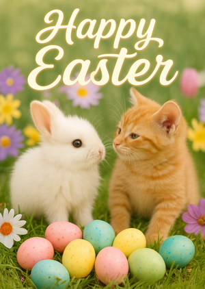 Cute Bunny And Kitten Happy Easter Card
