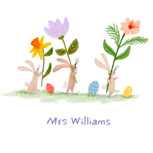 Illustrated Cute Rabbits And Flowers Easter Card
