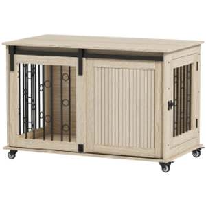 PawHut Jaula para Perros Medianos y Grandes Mesa Auxiliar Moderna con 2 Puertas y Cierre 100x56x65 cm Roble