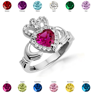 .925 Sterling Silver Studded Irish Celtic Claddagh Crown Heart Birthstone Ring