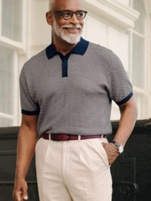 Navy & Stone Knitted Polo Shirt