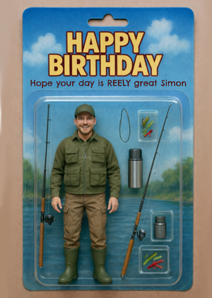 Funny Fisherman Action Figure Face Swap Birthday Card