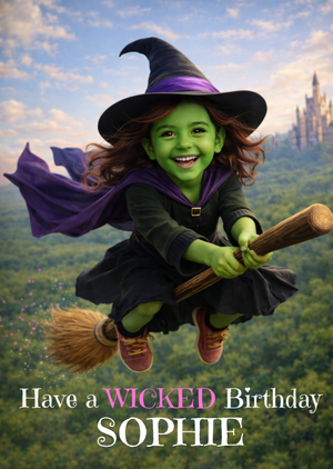 Green Witch Flying Broomstick Face Swap Birthday Card