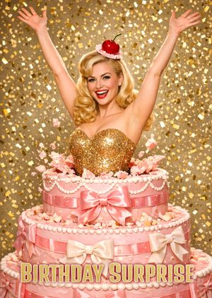 Glamorous Lady Popping Out Of Birthday Cake Face Swap Card