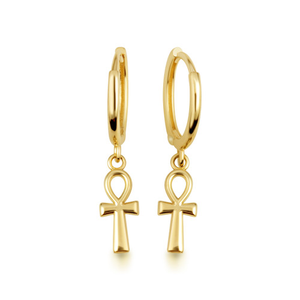 Yellow Gold Egyptian Ankh Cross Huggie Hoop Earrings