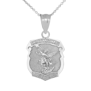 Saint Michael Protect Us Shield Pendant Necklace in .925 Sterling Silver