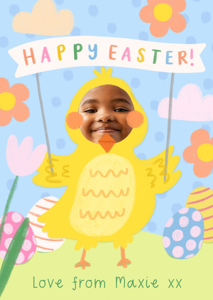 Illustrated Chick And Flowers Photo Upload Happy Easter Card