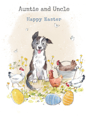 Auntie And Uncle Happy Easter Illustrated Dog And Hens Easter Card