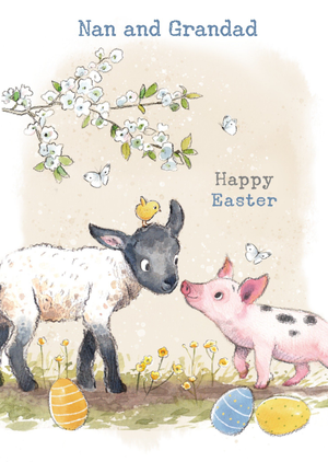 Nan And Grandad Happy Easter Illustrated Lamb And Pig Easter Card