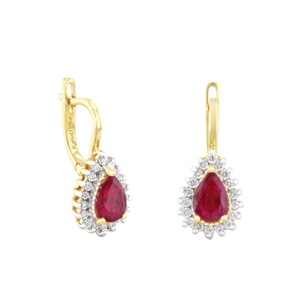 Kallati 1.00ct Pear Cut Ruby and 0.25 Diamond Cluster Earrings | 14K Yellow Gold