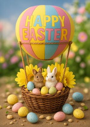 Photographic Cute Bunny And Hot Air Balloon Easter Card