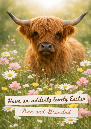 Cute Highland Cow In Wildflower Meadow Easter Card