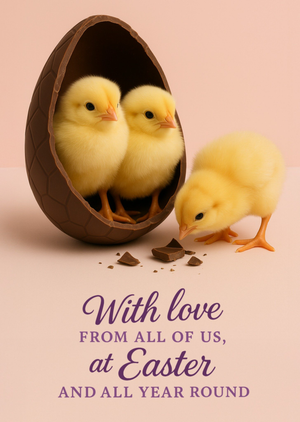 Cute Chicks And Chocolate Egg From All Of Us Easter Card