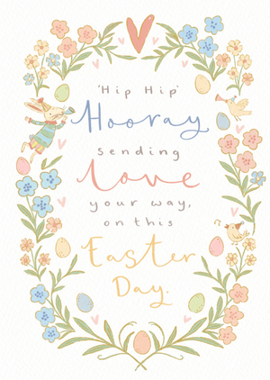 Hip Hip Hooray Floral Wreath Illustrated Easter Card