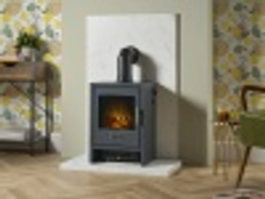 Acantha Tile & Hearth Set in White Marble Effect with Bergen Stove & Angled Pipe