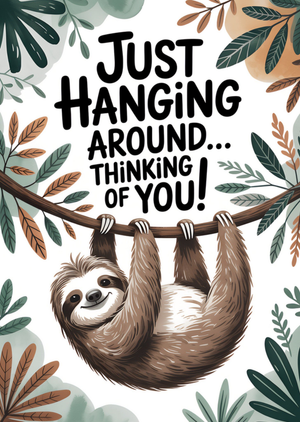 Just Hanging Around Thinking Of You Typographic Illustrated Sloth Card