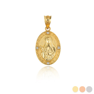 Gold Engravable Patron Saint Therese Of Lisieux Diamond Oval Medallion Pendant Necklace (Available in Yellow/Rose/White Gold)