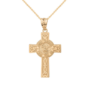Two-Tone Gold Celtic Cross Patron Saint Michael Archangel Heart Love Knot Pendant Necklace (Available in Two-Tone/Yellow/Rose/White Gold