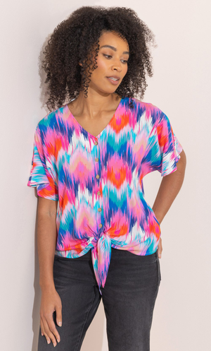 Brush Stroke Printed Tie Front Top - Blue/Pink/Multi