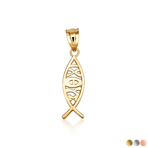 Solid Gold ichthus (ichthys) Greek Jesus Fish Pendant Necklace(Available In Yellow/Rose/White Gold)