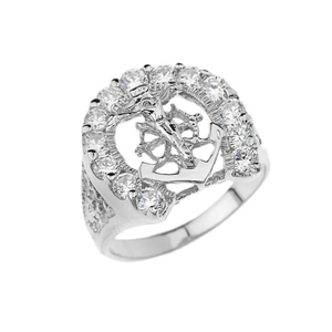 .925 Sterling Silver Men's Cubic Zirconia Horseshoe Crucifix Anchor Ring
