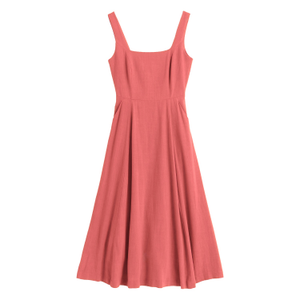 Baya Linen Mix Square Neck Midi Dress - Coral (XL)