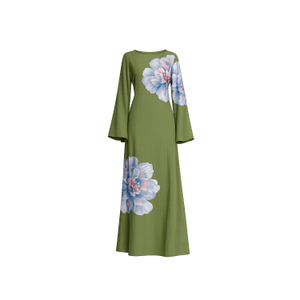 Long Floral Dress With Round Neck And Straps At The Back Khaki (one size)