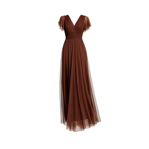 Long Tulle Dress With Short Seeves, Pleats, And A Flared Skirt, With A Tie Belt. Brown (L)