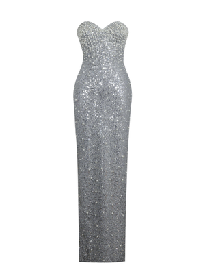 Noelle Silver Sequin Pearl-Embellished Sweetheart Maxi Dress (S)