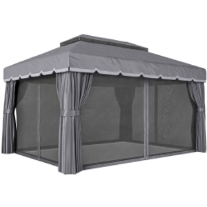 Outsunny Cenador de Jardín 4x3m Pabellón de Jardín Gazebo con Doble Techo 4 Cortinas y Mosquitera Marco de Aluminio UPF50+ Gris