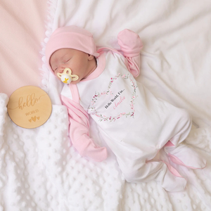 'Hello World I'm...' Pink Contrast Sleepsuit Heart Wreath