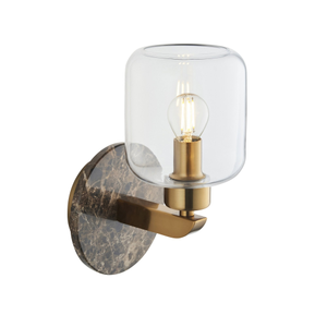 120663 Travi Wall Light Dark Brown Emperador Marble, Vintage Brass & Clear Glass