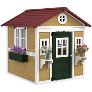 Outsunny Casita de Madera Infantil con Puerta Ventanas Jardineras y Repisas con Detalles de Color 114x126,4x135 cm Natural