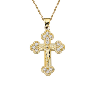 Gold Eastern Orthodox C.Z Crucifix Pendant Necklace(Available in Yellow/Rose/White Gold)