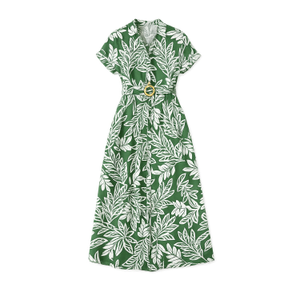 Yumi Green Leaf Print Viscose Relaxed Midi Shirt Dress (4XL)