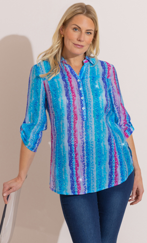Anna Rose Embellished Printed Top - Blue/Pink