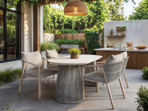 SOLACE+CO Hana Oval Garden Dining Table Beige with Lynden Chairs Set of 4 Beige Rattan