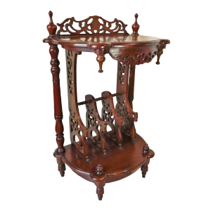 Vintage Ornate Mahogany Wood Fretwork Magazine Rack Side/End Accent Table W/ Drawer
