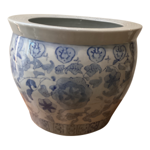 Vintage Large Blue and White Hand Painted Chinoiserie Porcelain Planter