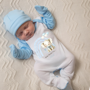 'Hello World I'm...' Blue Contrast Elephant Sleepsuit