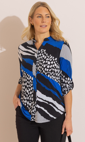 Anna Rose Animal Print Blouse - Black/Cobalt/White