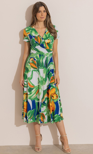Floral Printed Midi Dress - Cobalt/Green