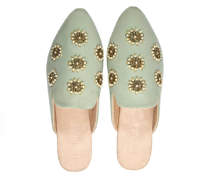Galaxy Pastel Green - Handmade Pearl Embroidered Luxury Velvet Pointed Toe Mules By Fuchsia Shoes (10 UK)