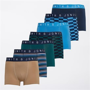 Smith And Jones Mens Culbreth Seven Pack Boxer Shorts Green/Aop/Blue/Taupe/Yarn Dyed Stripe/Navy/Aop