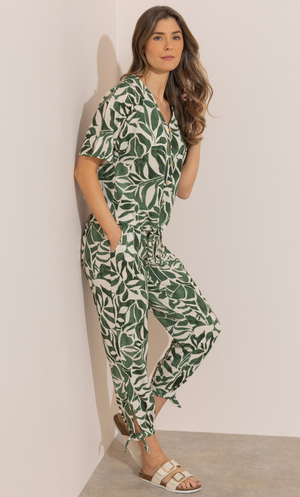 Printed Tie Hem Crop Trousers - Khaki/White