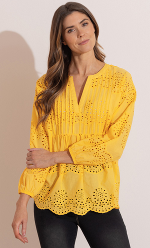 Embroidered Eyelet Cotton Top - Yellow