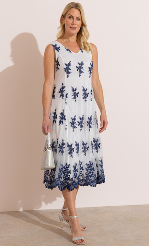 Anna Rose Embroidered Mesh Midi Dress - Ivory/Midnight