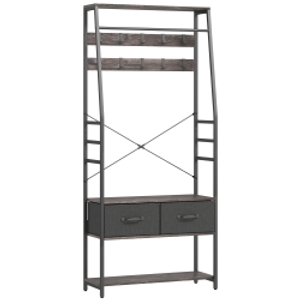 HOMCOM Coat Rack with Shoe Storage, Hall Tree, Industrial Coat Stand with Shoe Bench, 10 Removable Hooks, 2 Fabric Drawers and Clothes Rail for Entryway, Hallway, Grey